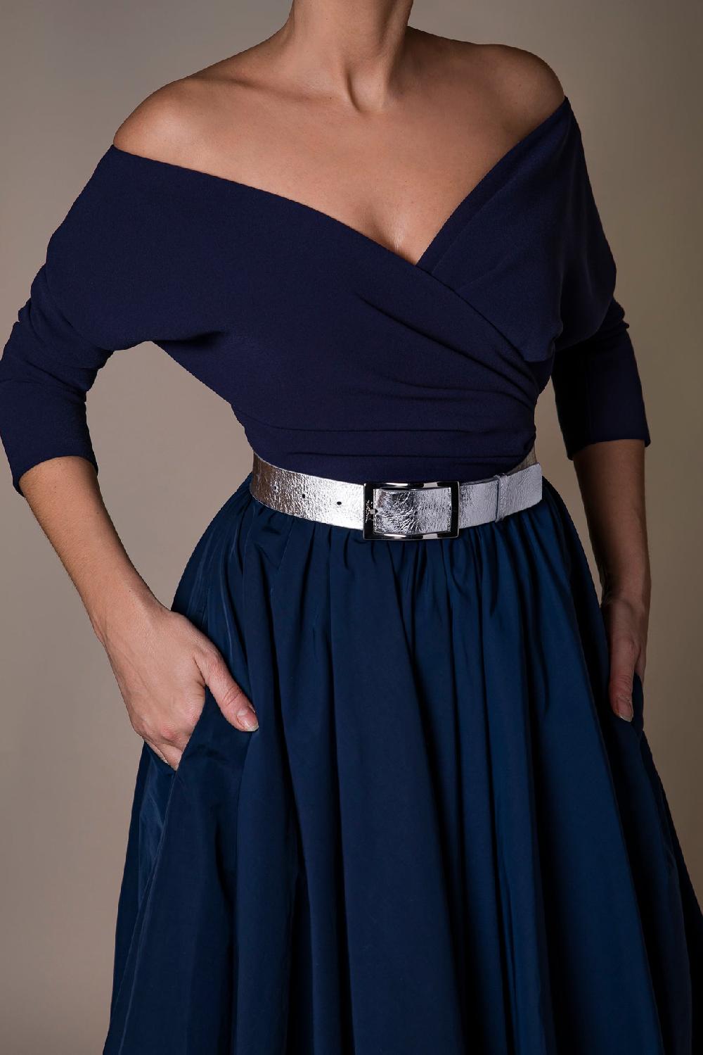 Rhea Costa Ripple Metallic Silver Leather Waist Belt With Silver Buckle