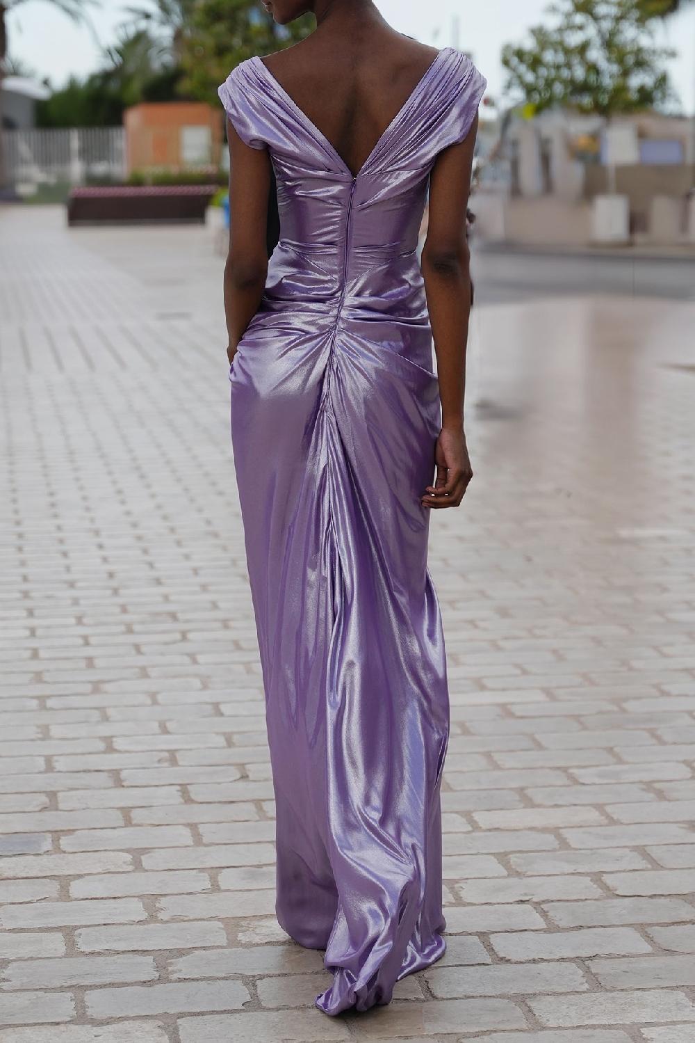 Rhea Costa Saara Draped Glossy Chiffon Dress In Lavander