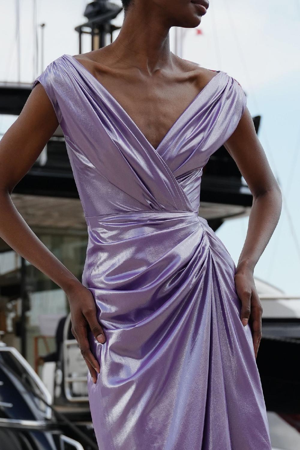 Rhea Costa Saara Draped Glossy Chiffon Dress In Lavander