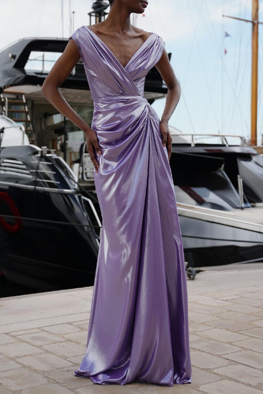 Rhea Costa Saara Draped Glossy Chiffon Dress In Lavander