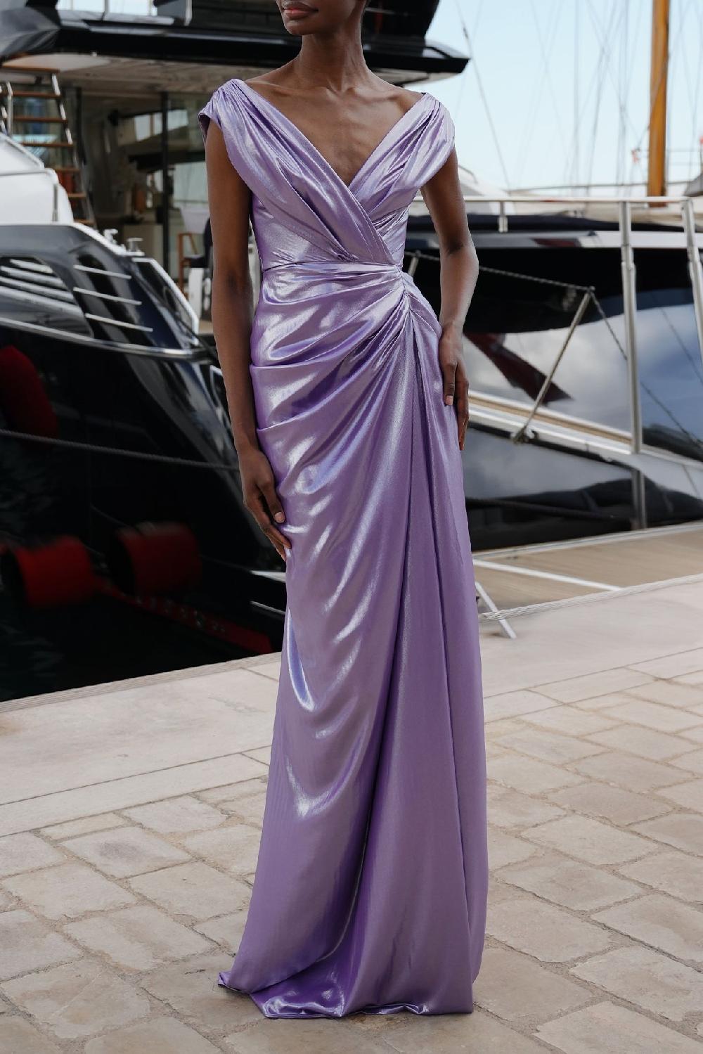 rhea costa Saara Draped Glossy Chiffon Dress In Lavander