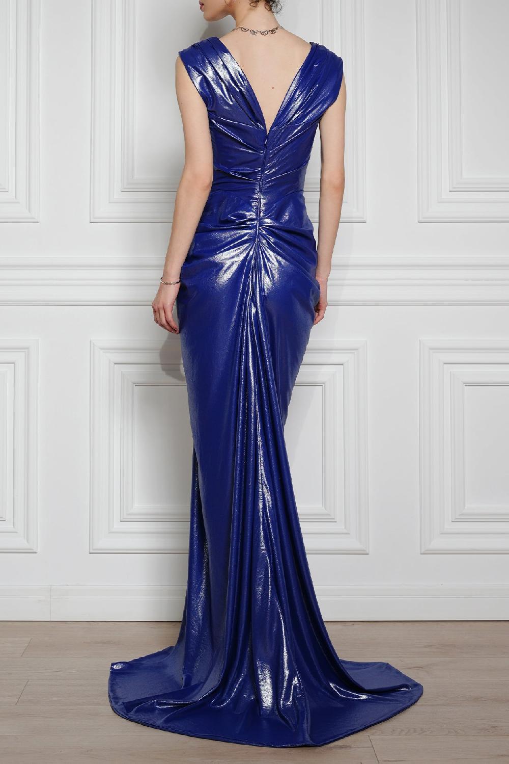 Rhea Costa Saara Draped Glossy Chiffon Dress In Royal Blue