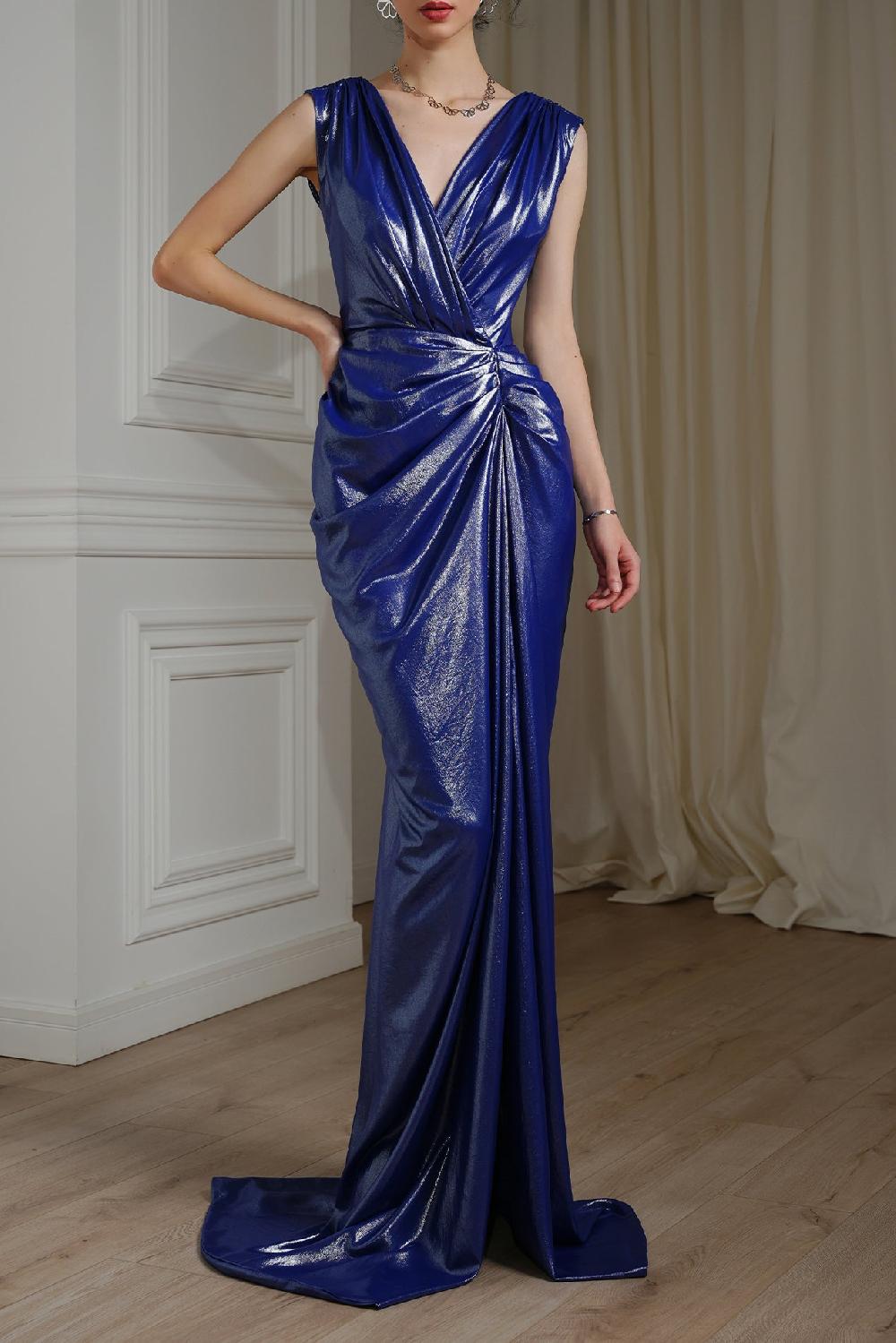 rhea costa Saara Draped Glossy Chiffon Dress In Royal Blue