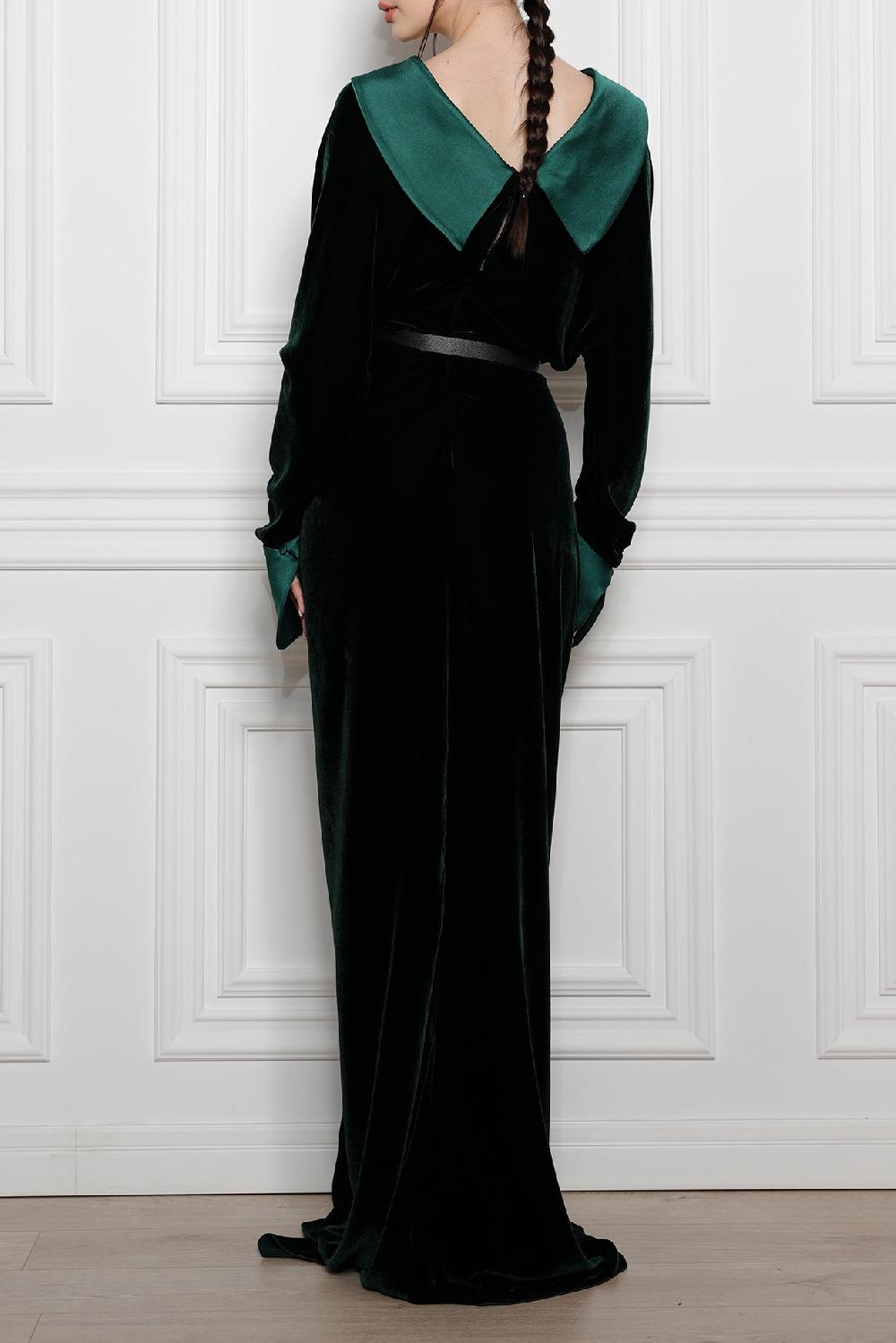 Rhea Costa Sabina Velvet Silk Blend Dress In Dark Green