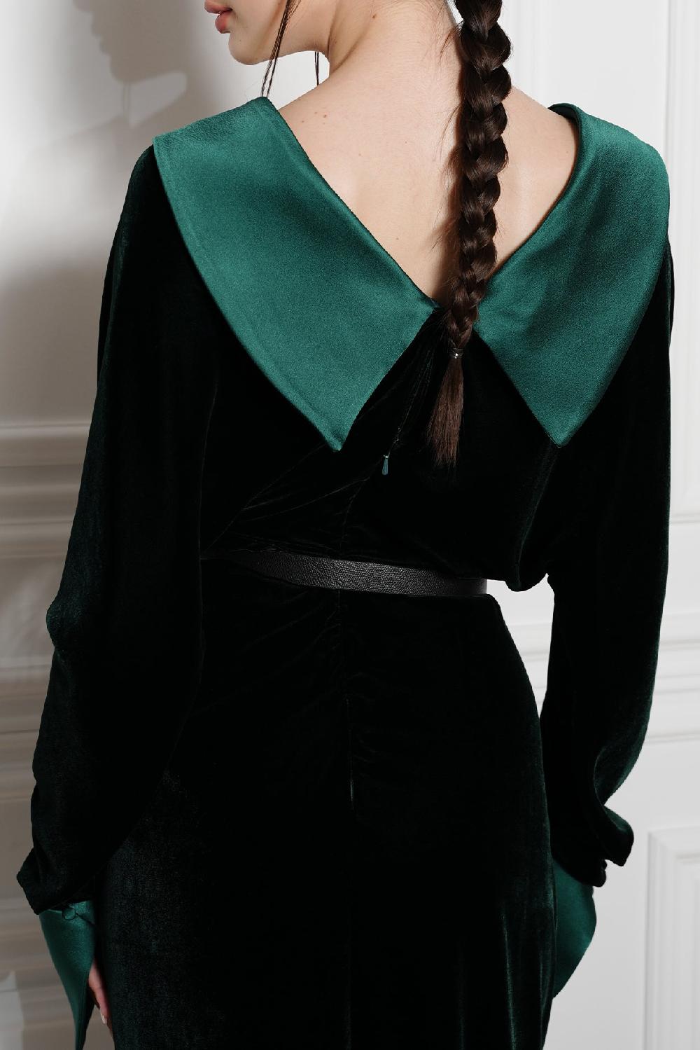 Rhea Costa Sabina Velvet Silk Blend Dress In Dark Green