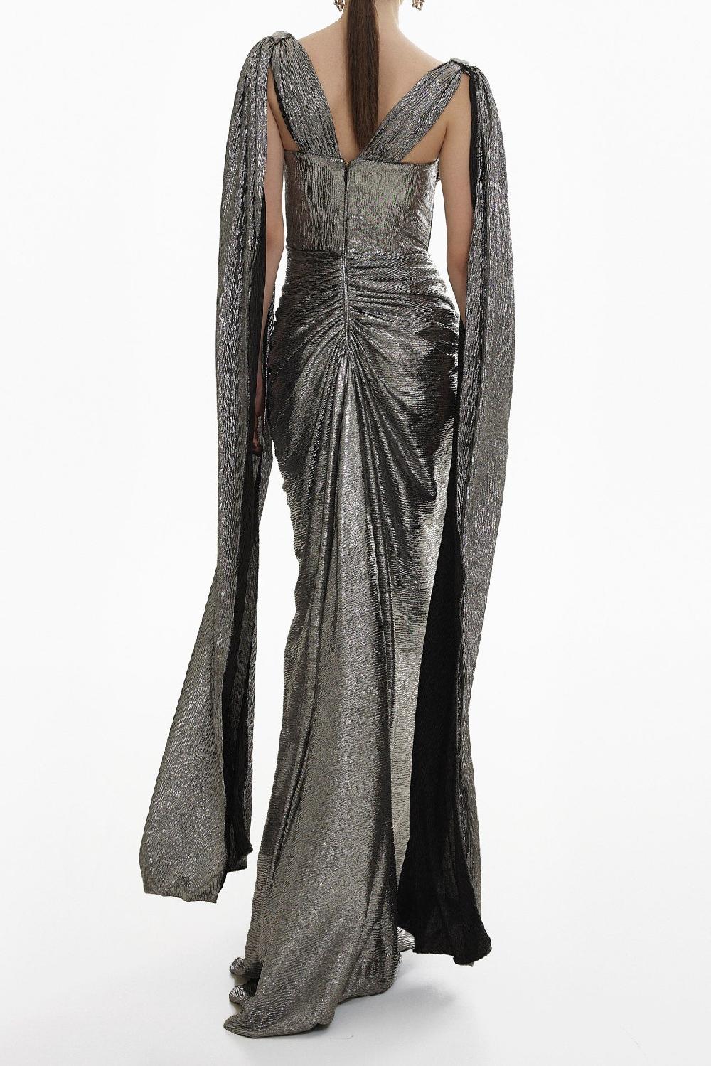 Rhea Costa Sari Metallic Light Crepe Cape Dress In Platinium