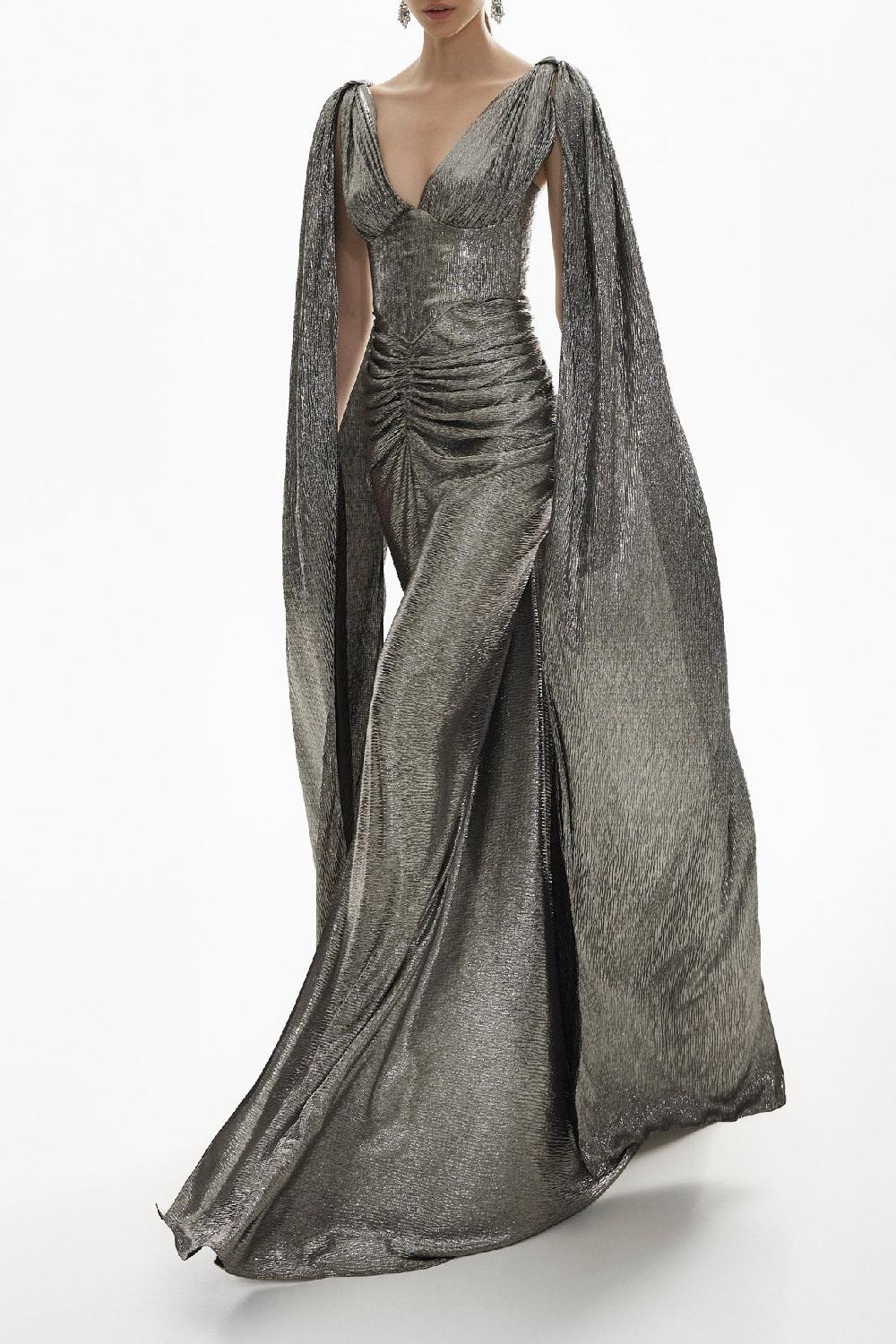 rhea costa Sari Metallic Light Crepe Cape Dress In Platinium