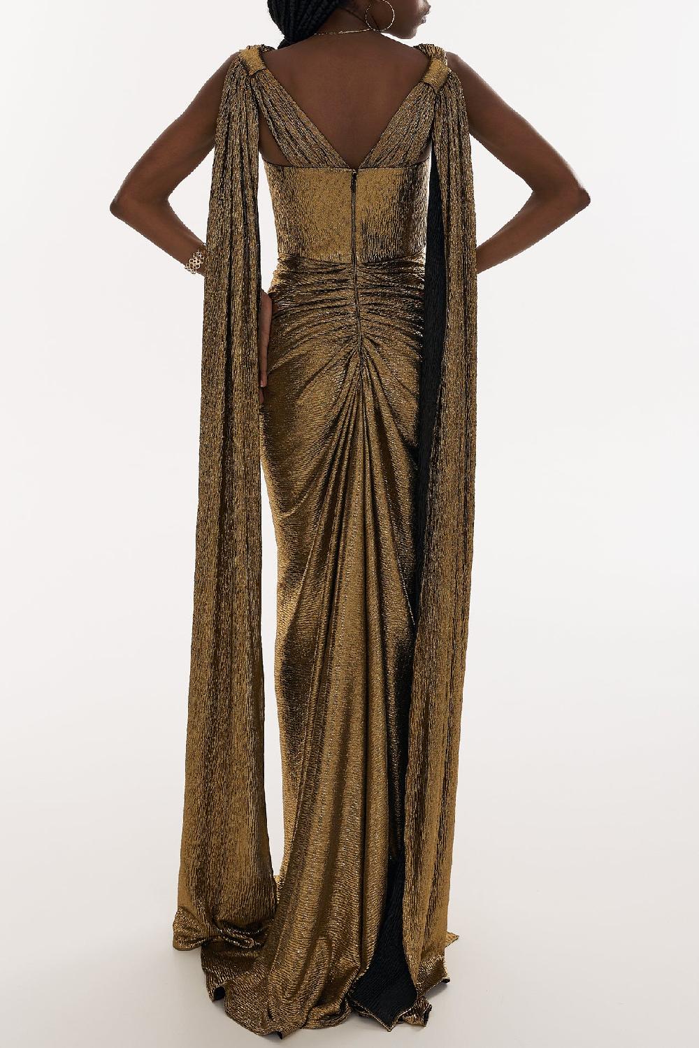 Rhea Costa Sari Metallic Light Crepe Cape Dress In Pure-Gold