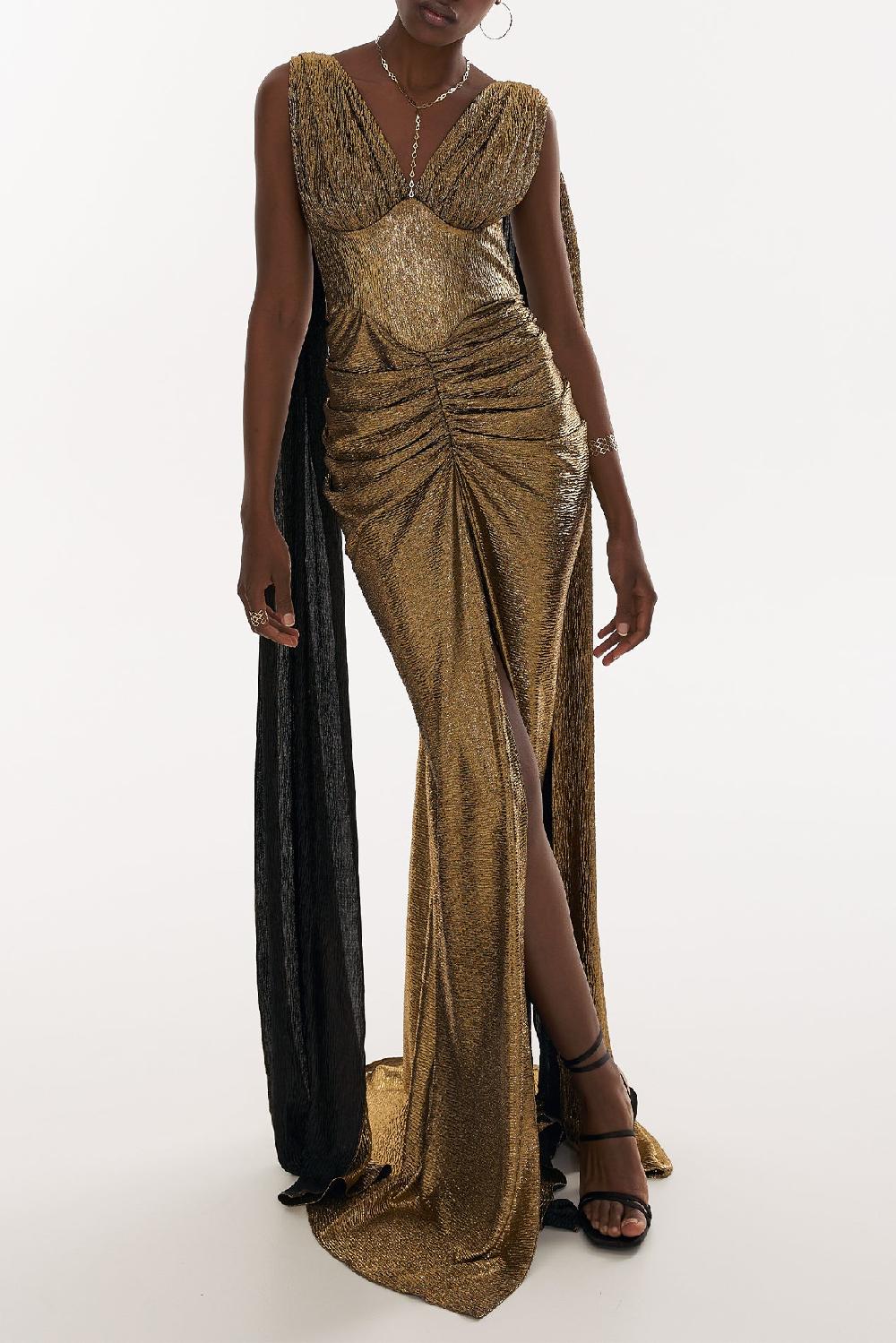 Rhea Costa Sari Metallic Light Crepe Cape Dress In Pure-Gold