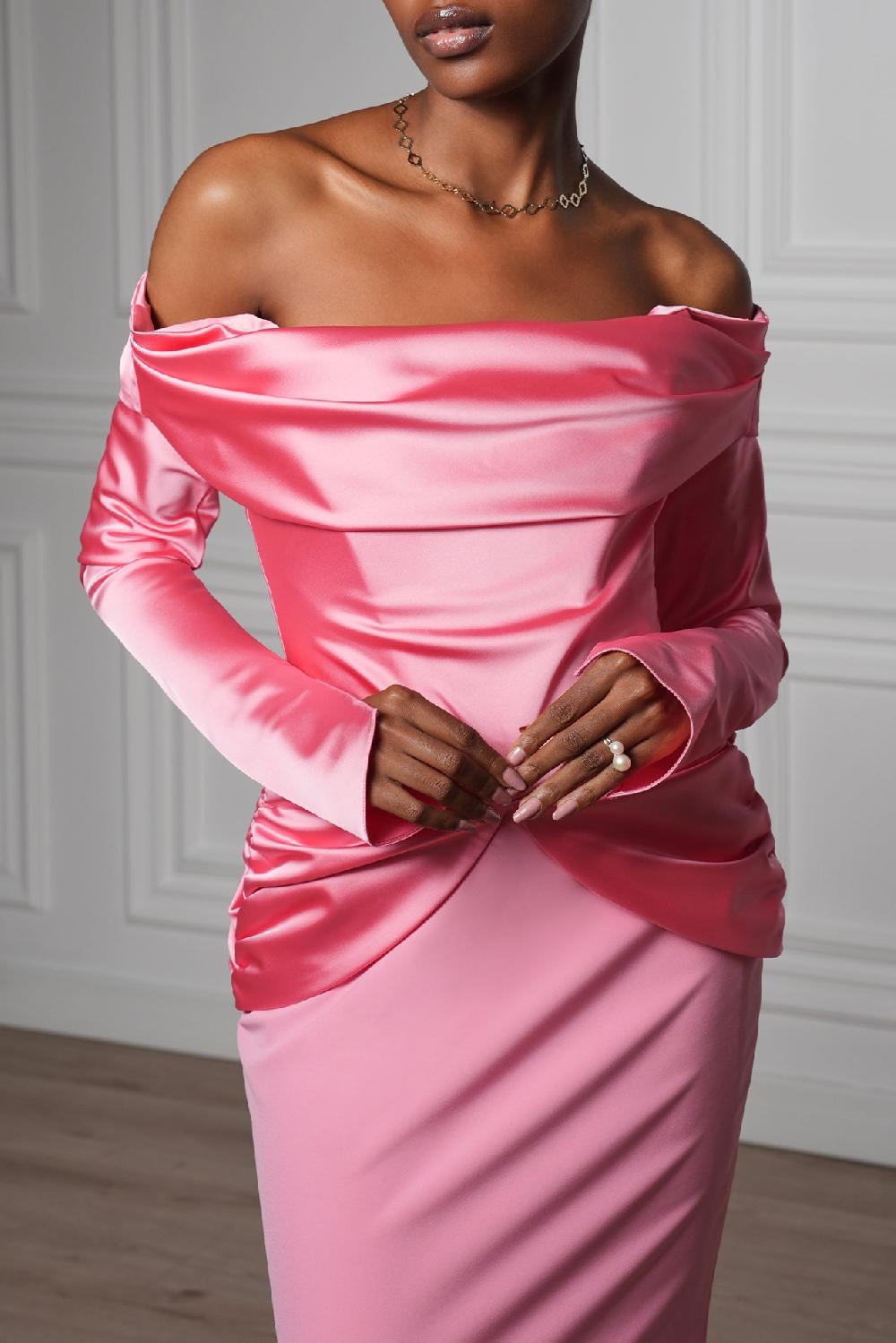 Rhea Costa Siri Satin Crepe Long Dress In Quartz-Rose