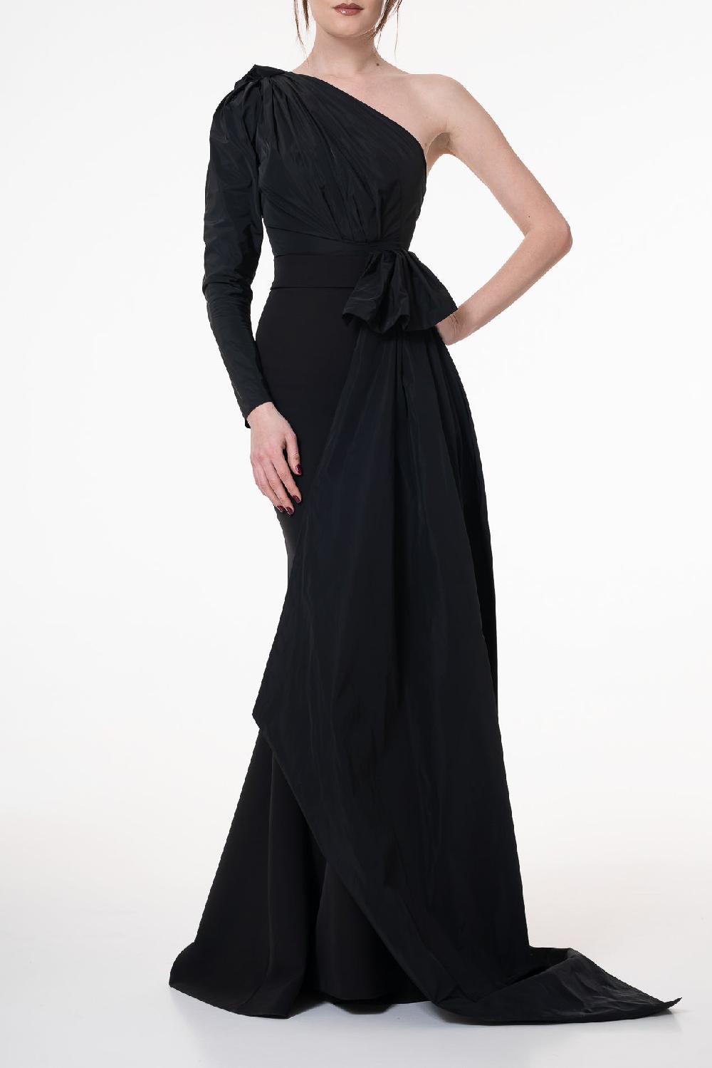 rhea costa Thalia Crepe Taffeta Long Dress In Black
