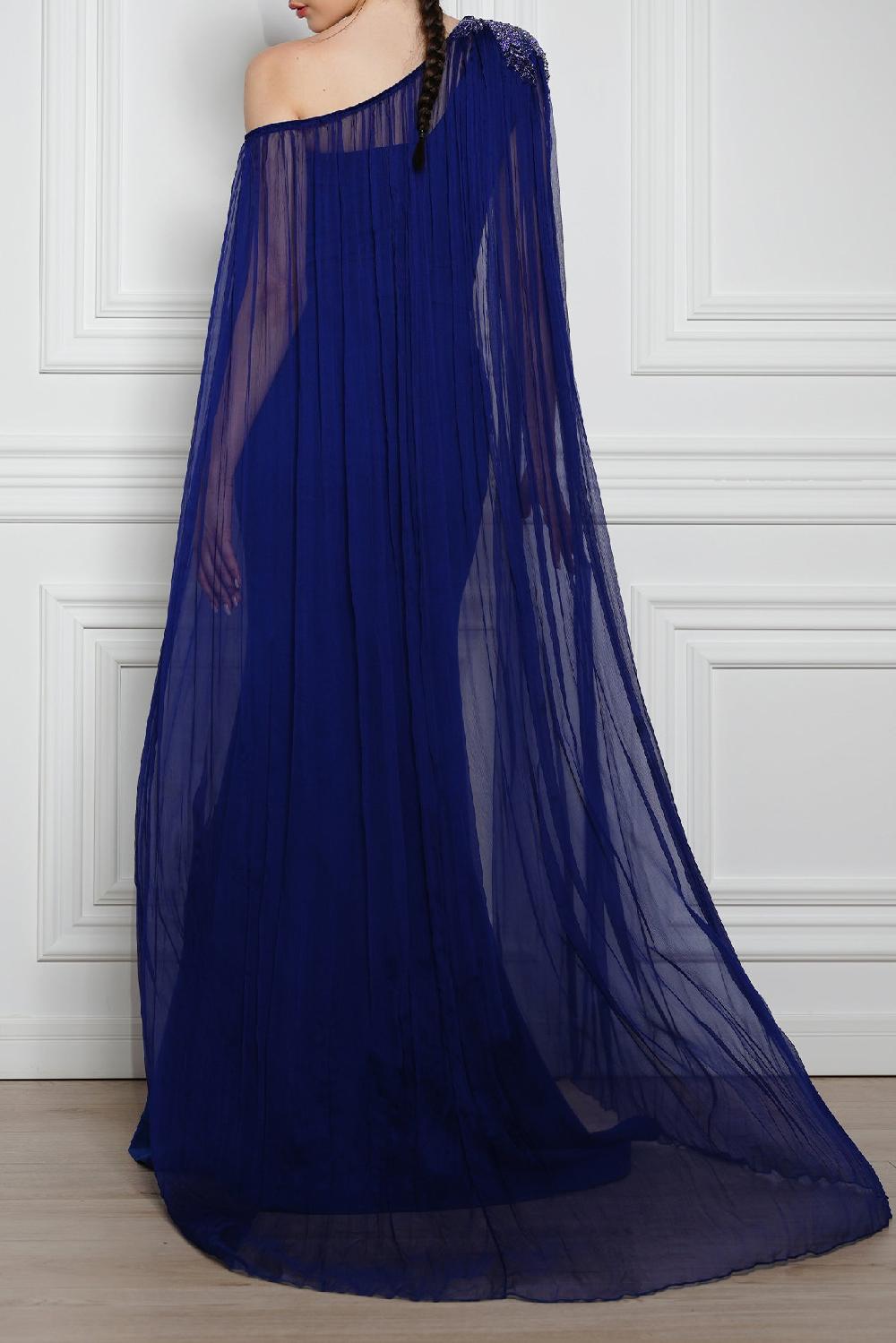 Rhea Costa Vega One-Shoulder Mermaid Dress With Silk Chiffon Cape In Sapphire