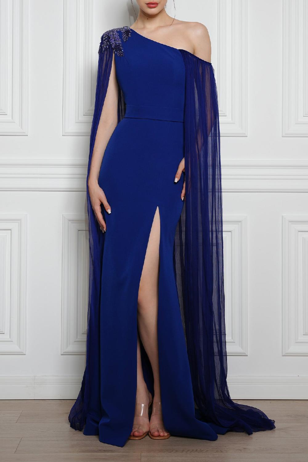 rhea costa Vega One-Shoulder Mermaid Dress with Silk Chiffon Cape In Sapphire