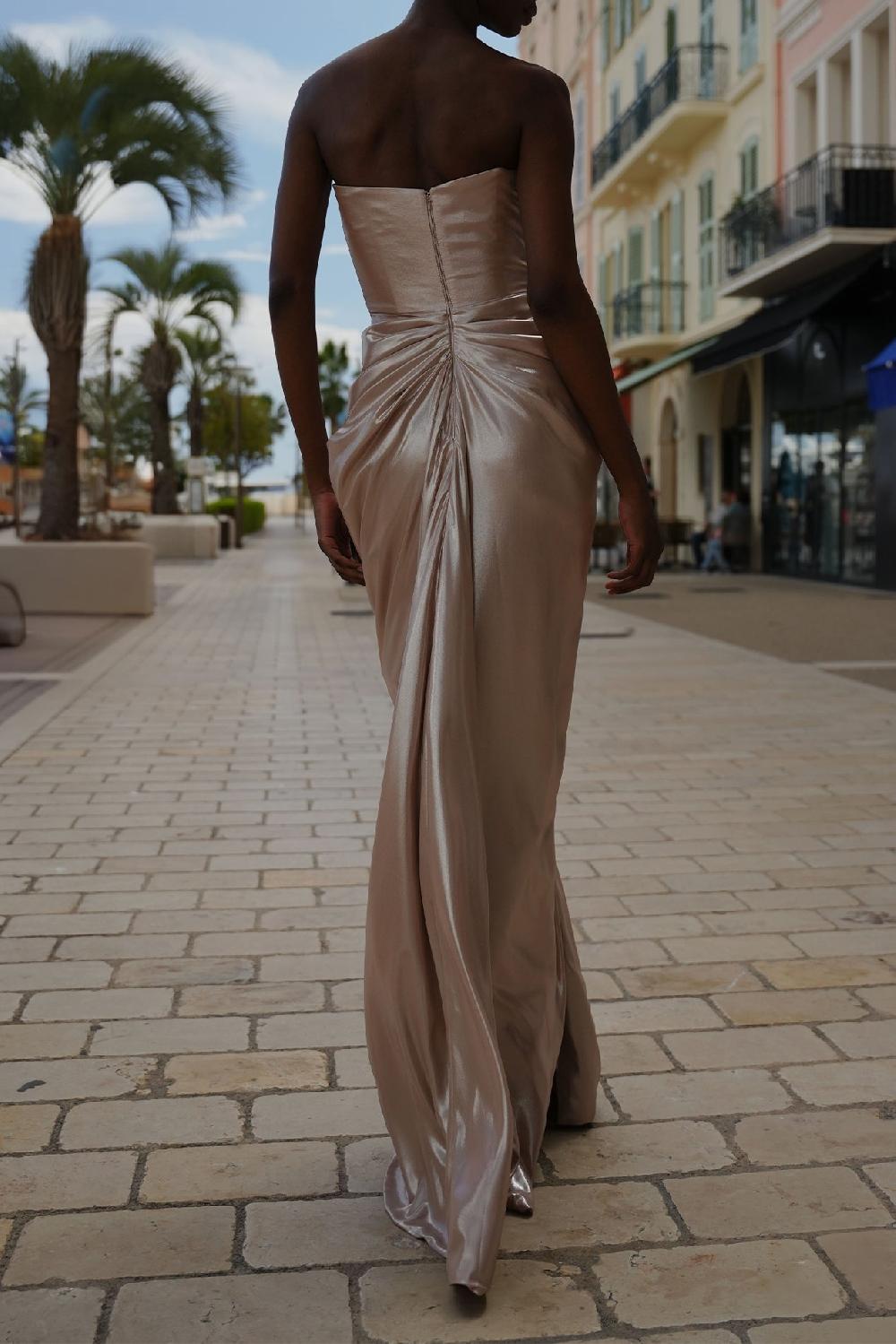 Rhea Costa Yuno Glossy Chiffon Long Dress In Light-Gold