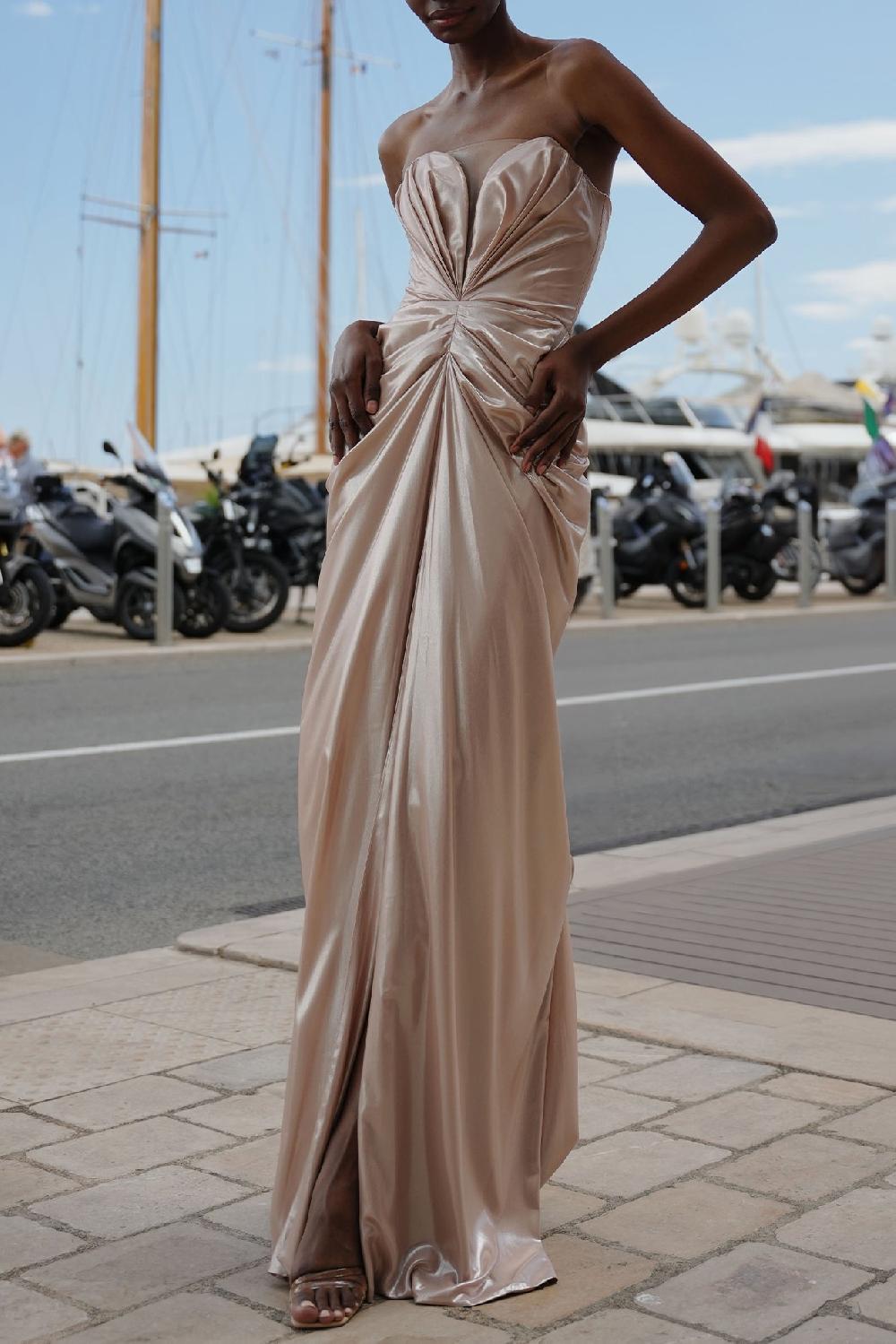 Rhea Costa Yuno Glossy Chiffon Long Dress In Light-Gold
