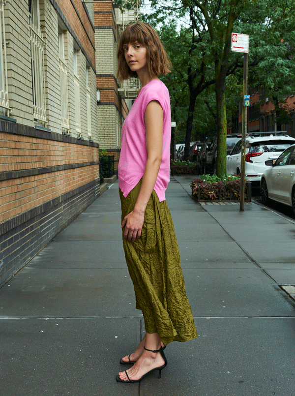 Rhié CRINKLE SILK LEE DRESS ARMY GREEN/ RINKO PINK