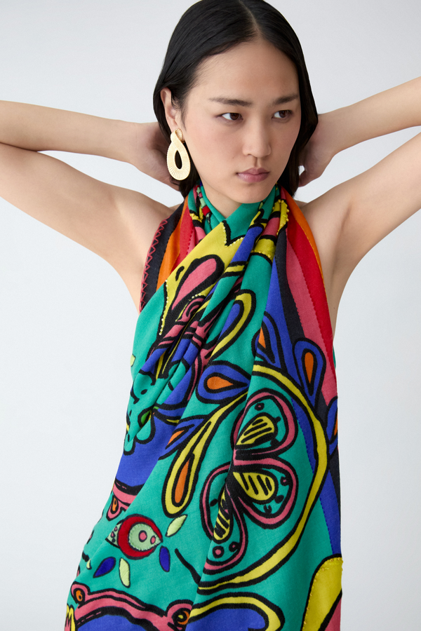 Rianna Nina CAROLINA HERRERA X RIANNA + NINA Embroidered Wool Scarf Turquoise