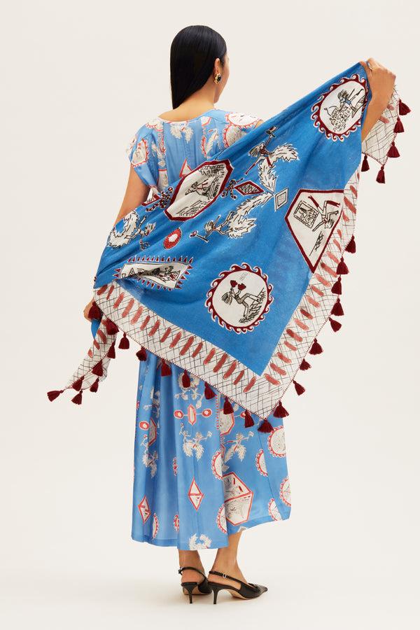 Rianna Nina Tependris Embroidered Linen Scarf Olympic Blue