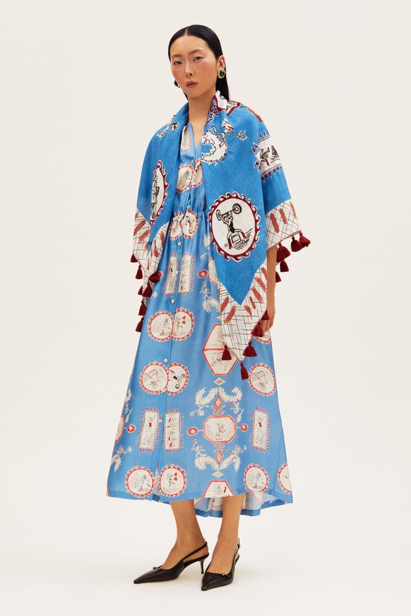 rianna nina Tependris Embroidered Linen Scarf Olympic Blue