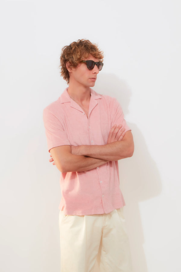 richard james Camp Collar Shirt – Dusty Pink Cotton Towelling