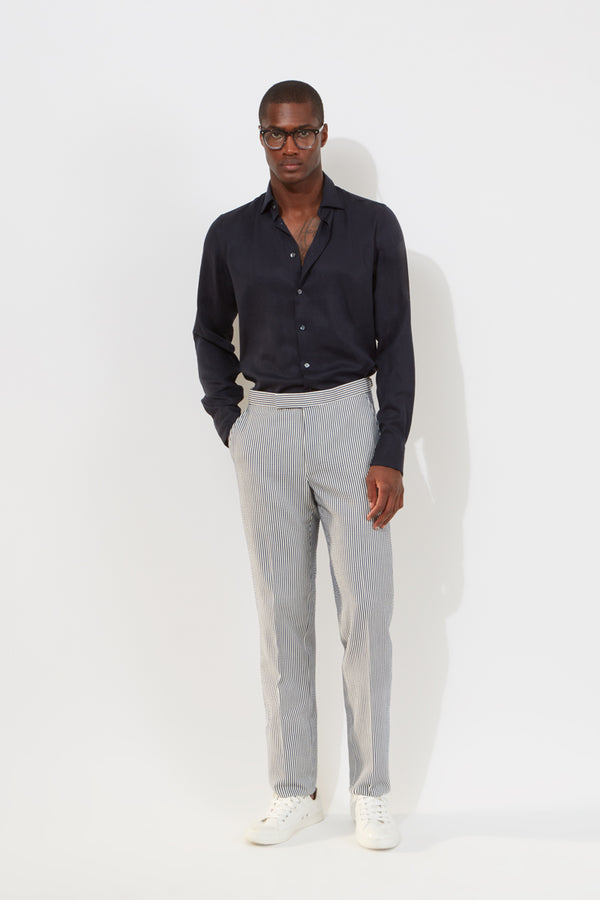 richard james Chapman Trousers – Navy Double-Faced Seersucker