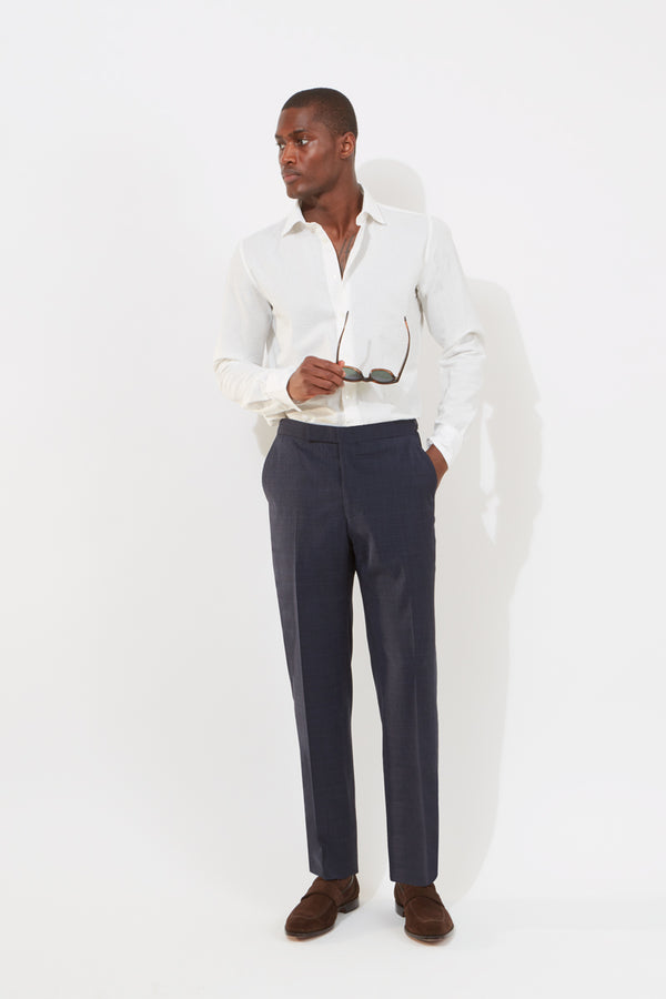richard james Chapman Trousers – Navy Prince of Wales Check Seersucker