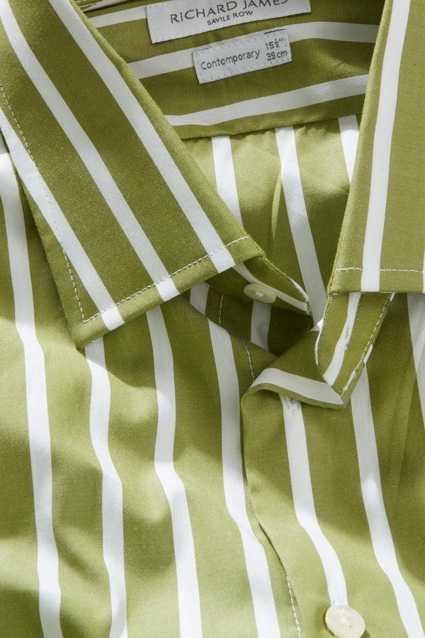 Richard James Contemporary Shirt – Avocado & White Ribbon Stripe