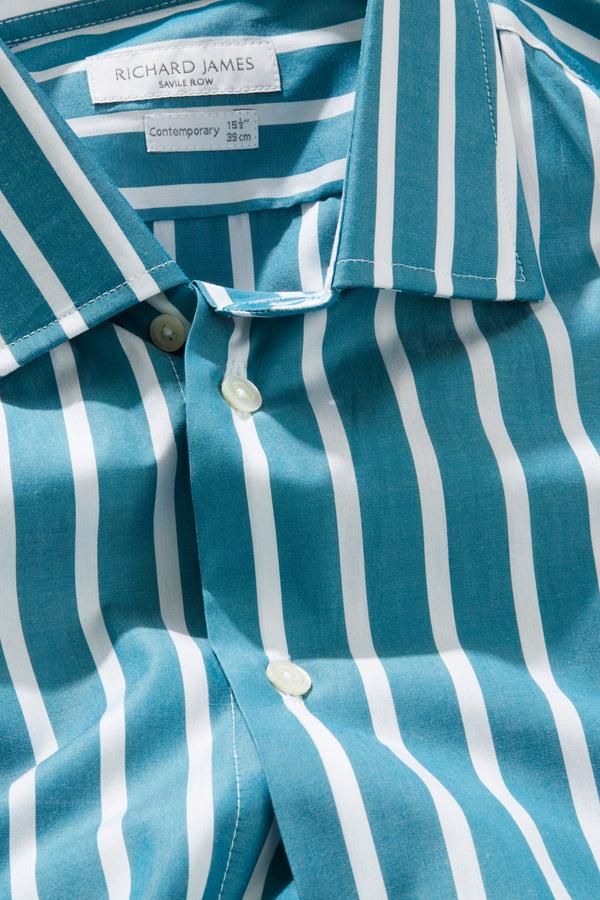 Richard James Contemporary Shirt – Petrol & White Ribbon Stripe