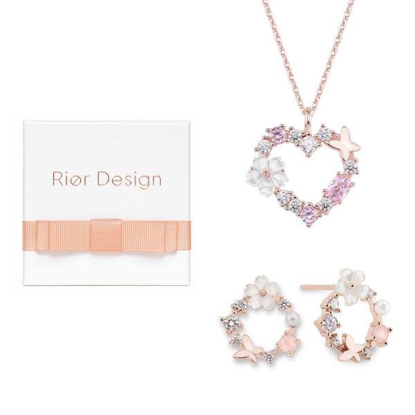rior design Heart Necklace Flower Earrings Bundle