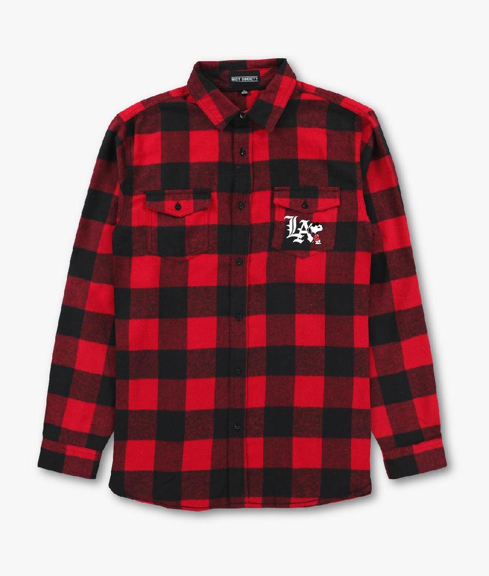 Riot Society Peanuts Snoopy LA Chill Embroidered Mens Flannel Shirt