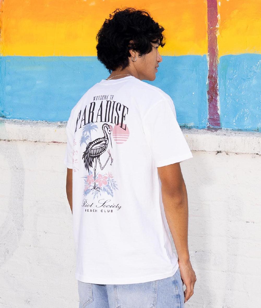 Riot Society Skeleton Crane Welcome To Paradise Beach Club Mens T-Shirt