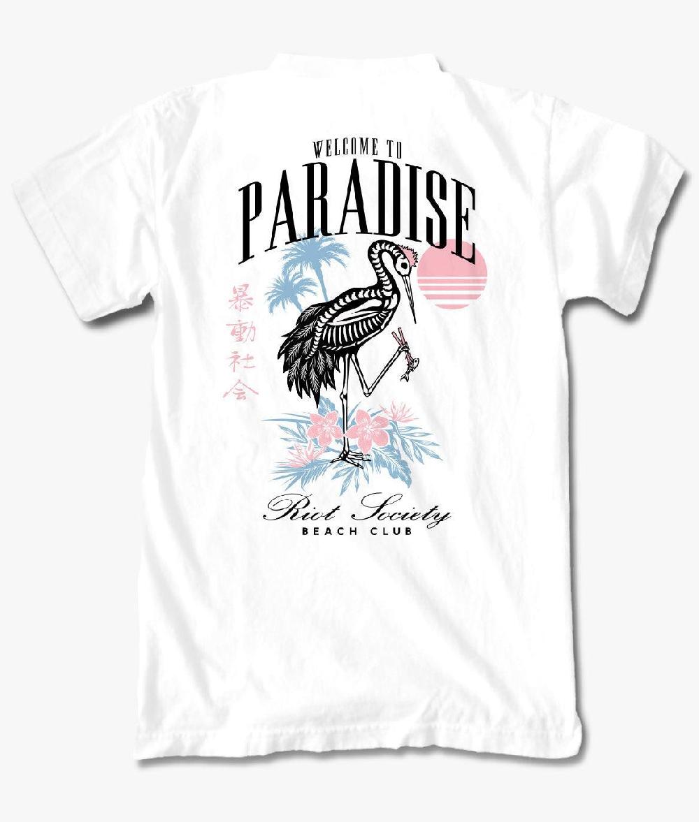 riot society Skeleton Crane Welcome to Paradise Beach Club Mens T-Shirt