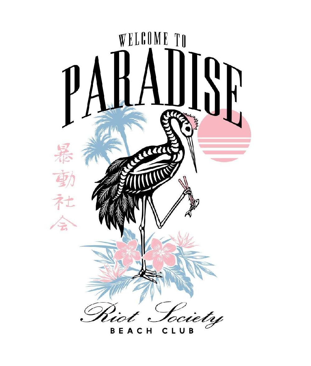 Riot Society Skeleton Crane Welcome To Paradise Beach Club Womens Tee