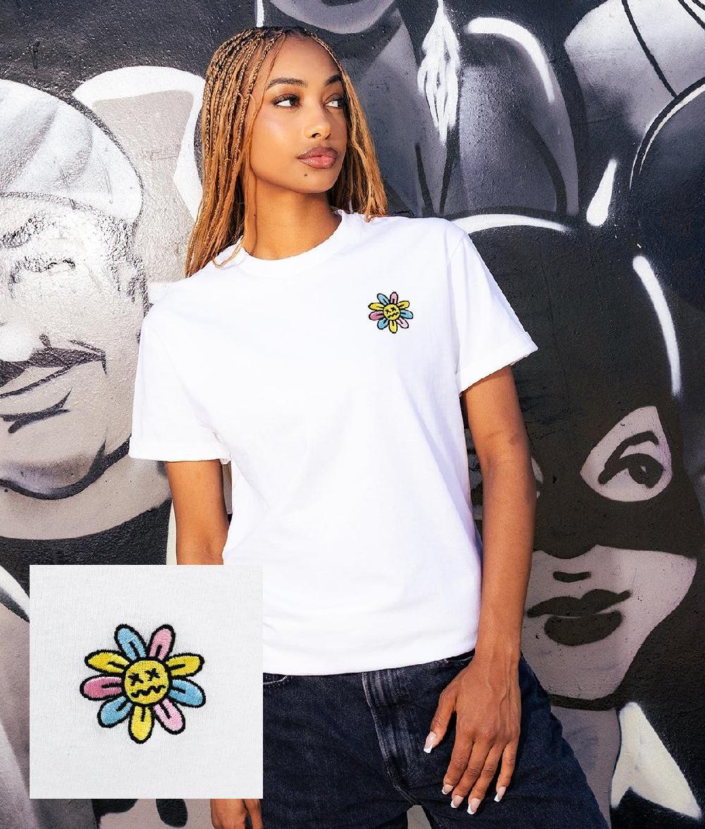 riot society Woozy Face Flower Embroidered Womens Tee
