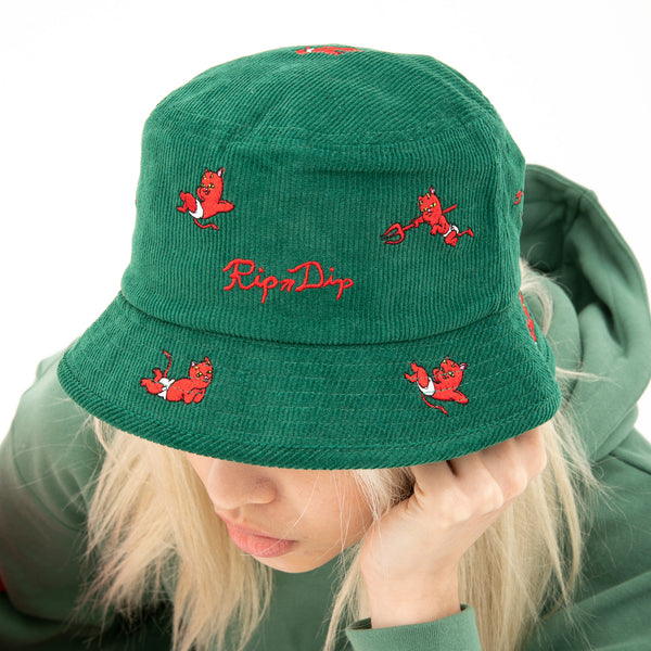 Ripndip Devil Babies Corduroy Bucket Hat (Dark Sage)