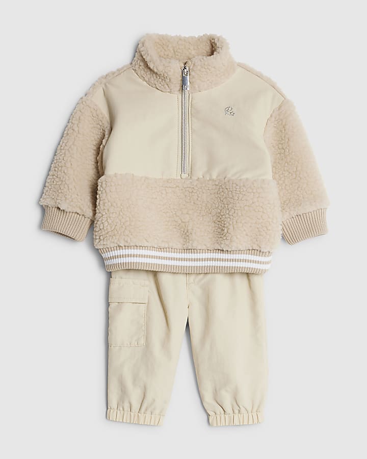 River Island Baby Boys Beige Zip Neck Borg Jacket Set