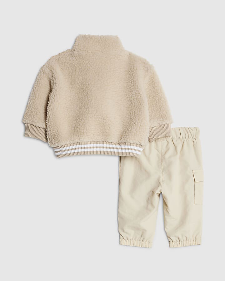 River Island Baby Boys Beige Zip Neck Borg Jacket Set