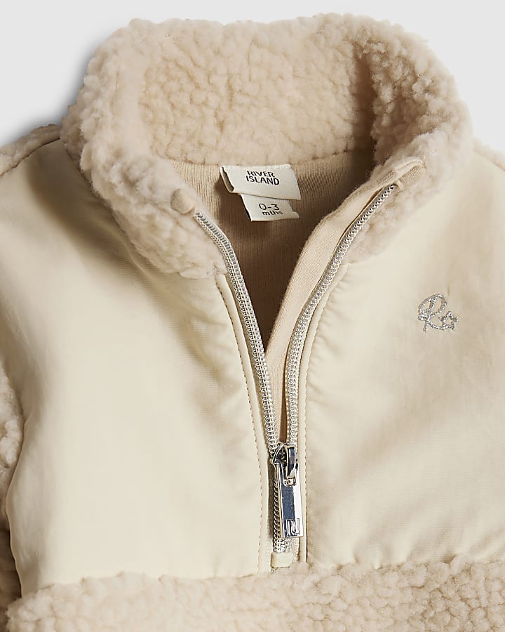 River Island Baby Boys Beige Zip Neck Borg Jacket Set