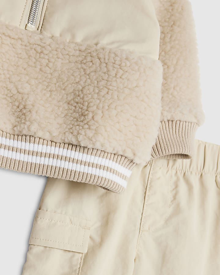 river island Baby Boys Beige Zip Neck Borg Jacket Set