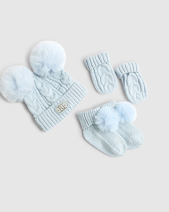 River Island Baby Boys Blue Beanie Bundle 3 Piece Set