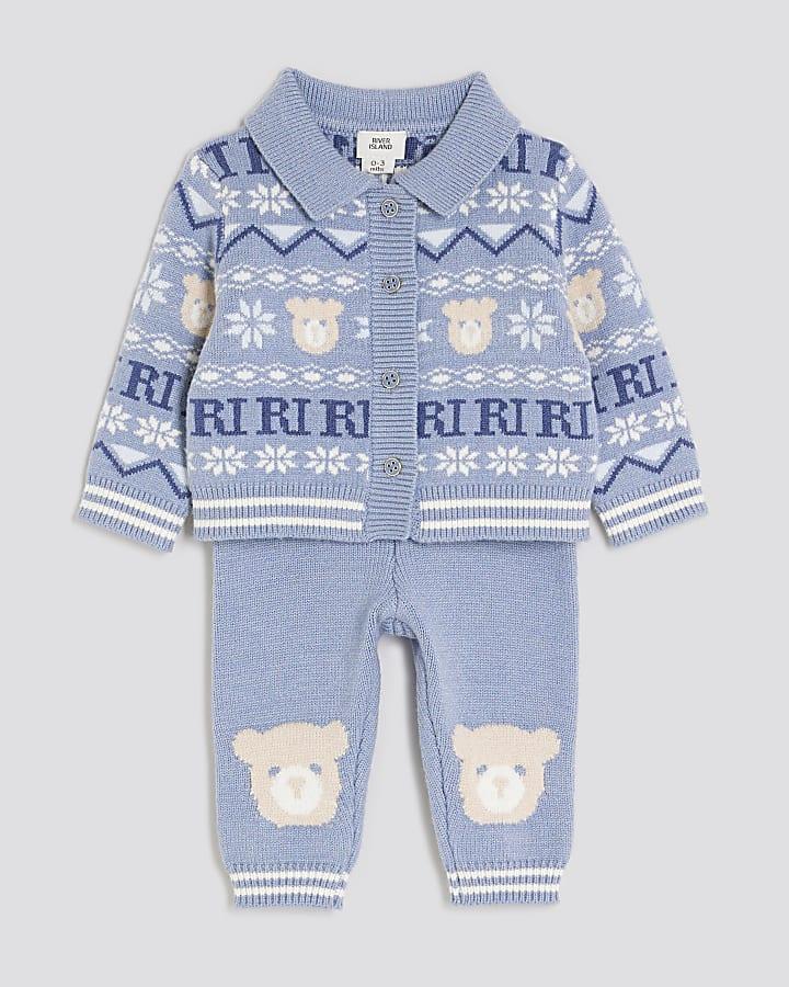 River Island Baby Boys Blue Bear Fairisle Cardigan Set
