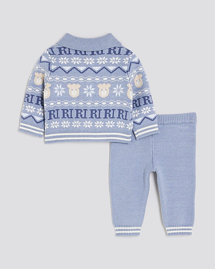 River Island Baby Boys Blue Bear Fairisle Cardigan Set