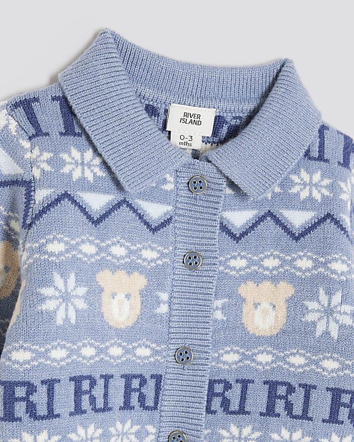 River Island Baby Boys Blue Bear Fairisle Cardigan Set