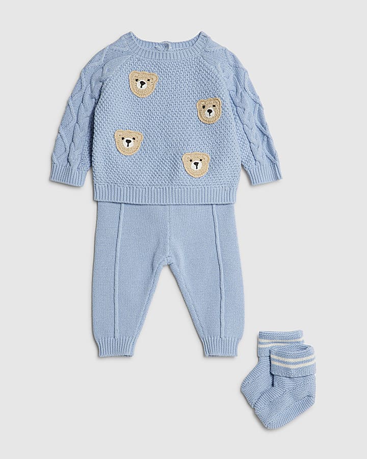 River Island Baby Boys Blue Bear Jumper And Blanket Set