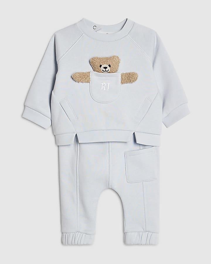 River Island Baby Boys Blue Bear Pocket Sweatshirt Set
