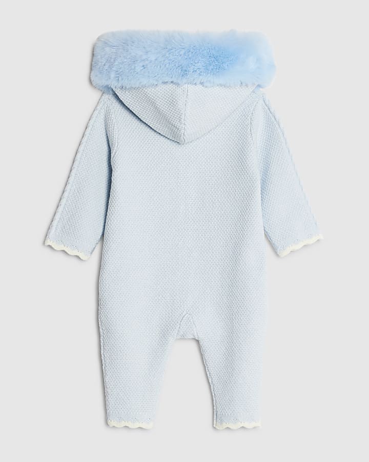 River Island Baby Boys Blue Faux Fur Collar Knitted Romper