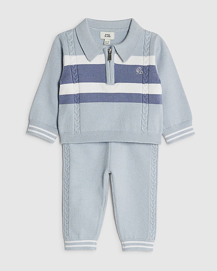 River Island Baby Boys Blue Knitted Stripe Polo Shirt Set