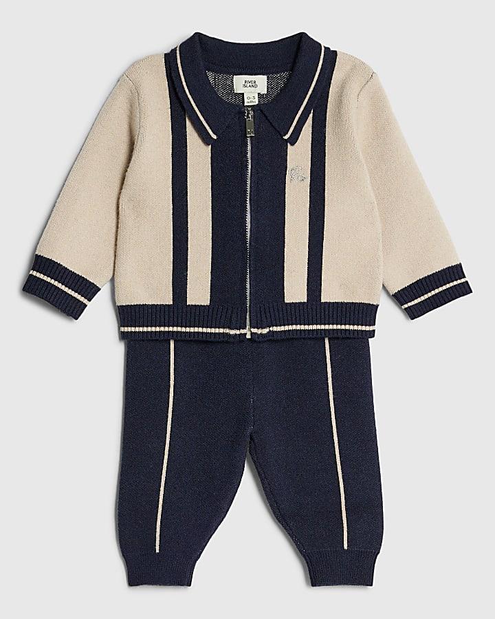 River Island Baby Boys Cream Blocked Zip Through Knit Set