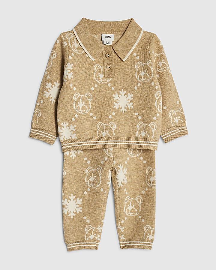 River Island Baby Boys Cream Snowflake Bear RI Jumper Set