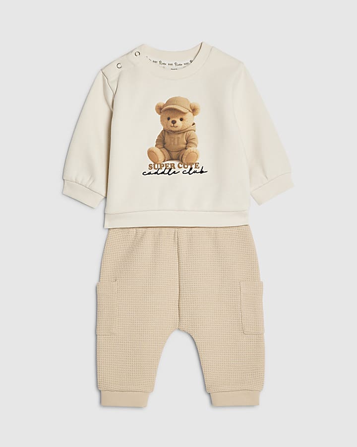 River Island Baby Boys Cream Super Cute Bear Sweat Set